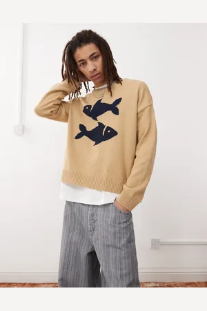 Reclaimed Crew neck knit sweater with fisherman print in beige