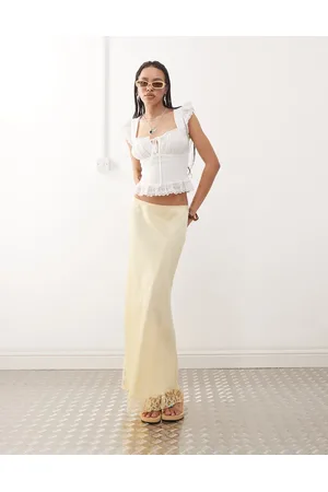 Reclaimed Satin midi skirt with lace trim in buttermilk yellow
