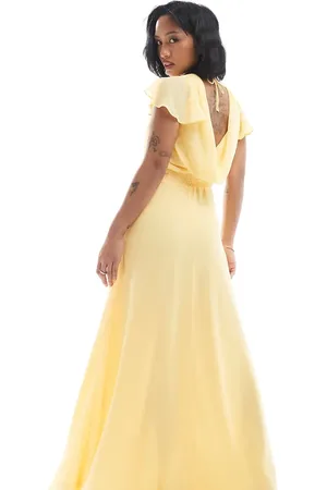 TFNC Bridesmaid flutter sleeve cowl back chiffon maxi dress in lemon