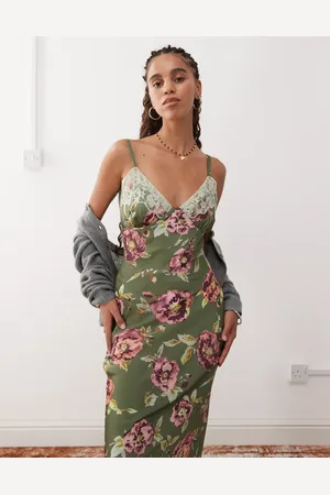 Reclaimed Maxi cami dress in dark green floral print