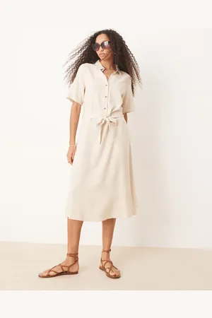JDY Linen mix midi shirt dress in beige
