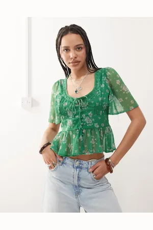 Reclaimed Tea blouse with lace collar in green floral print