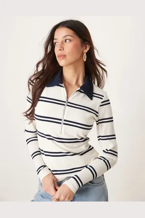 Abercrombie & Fitch Collar detail button detail long sleeve top in stripe