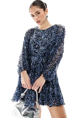 French Connection Anna chiffon mini pleat dress in navy scribble