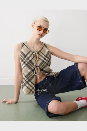 COLLUSION Fluffy knit waist coat in plaid
