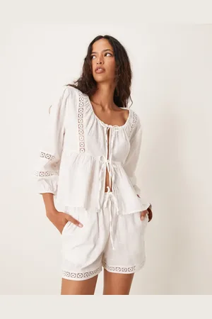 Iisla & Bird Long sleeve crochet panel tie front beach shirt in - part of a set