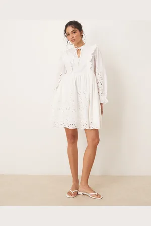 Y.A.S Broderie cutwork detail tie neck mini dress in