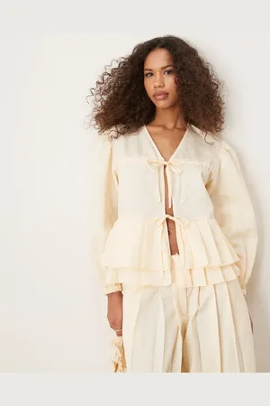 Ghospell Bow tie pleated top in butter cream - part of a set