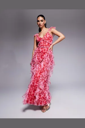 Lace & Beads Ruffle midaxi tulle dress in and pink floral