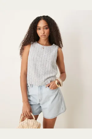 Abercrombie & Fitch Tie back linen blend top in blue and white stripe