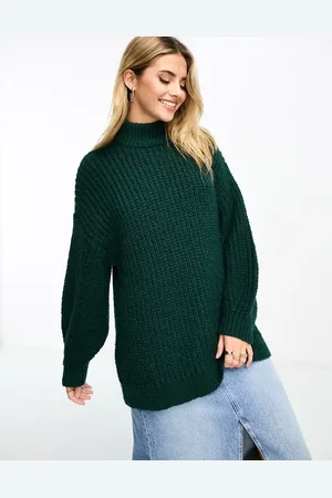 Monki High neck chunky rib knitted sweater with volume sleeve in dark