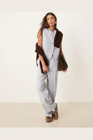 ASOS Tailored straight leg pants with linen in blue and white stripe - part of a set