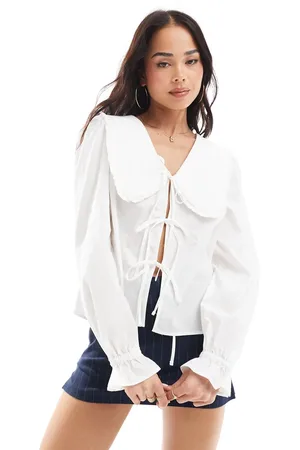 Pieces® Tie front frill collar detail poplin top in