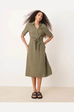 JDY Linen mix midi shirt dress in khaki