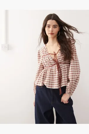 Reclaimed Smock top with ruching detail in brown plaid