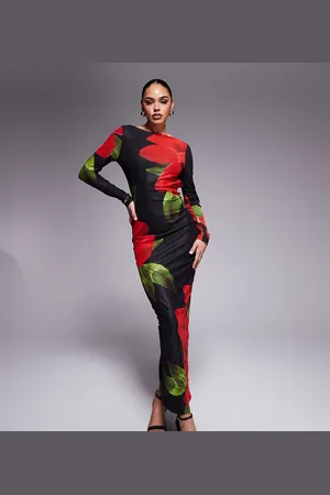 Murci Exclusive mesh slash neck open back bodycon maxi dress in black and red flower print