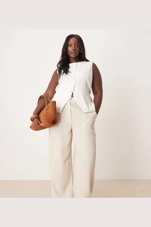 ASOS Curve relaxed straight leg pants with linen in stone