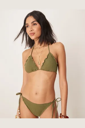 Stradivarius Textured bikini top in khaki