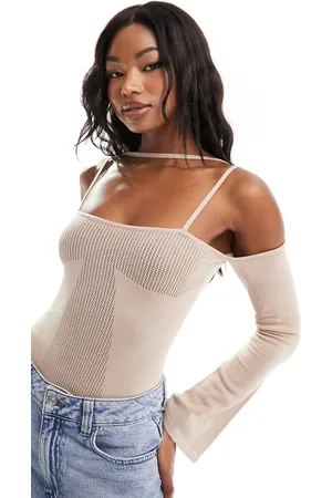 Simmi London Simmi knitted pointelle bardot strappy bodysuit in beige