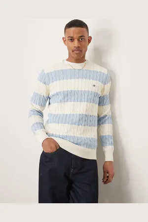GANT Shield logo block striped cotton cable knit sweater in light
