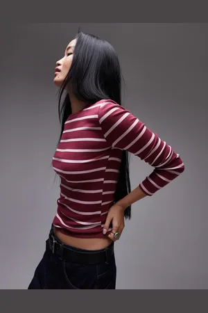 Topshop Striped long sleeve everyday tee in burgundy