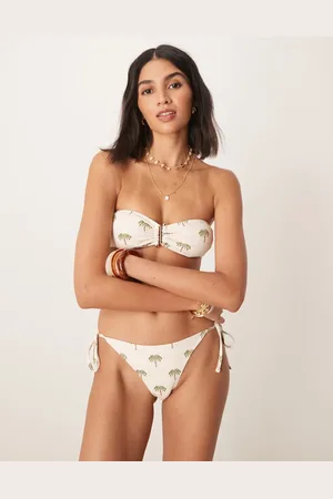 Stradivarius Tie side bikini bottom with palm tree print in white