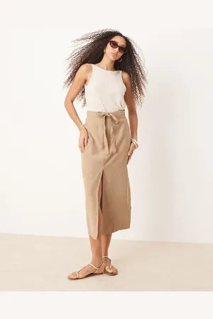 JDY Tie waist midi skirt in beige
