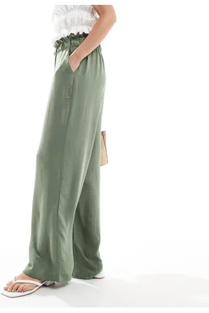 JDY Paperbag waist wide leg linen look pants in khaki