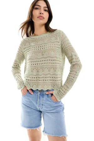 JDY Boat neck broderie long sleeve top in sage