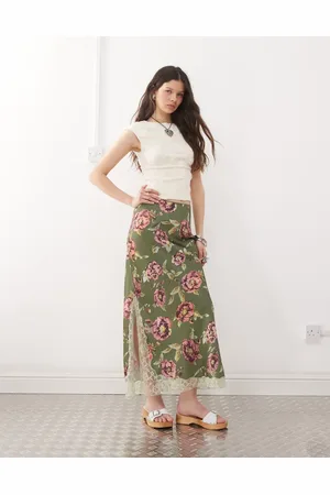 Reclaimed Satin midi skirt with lace trim in green floral print