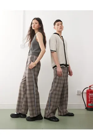 Reclaimed Unisex wide leg pants in brown check