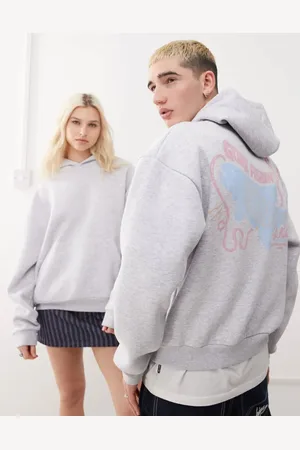 Reclaimed Unisex cropped boxy hoodie with fisherman print in heather