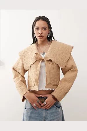Reclaimed Detachable sleeve frill collar jacket in beige
