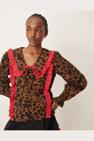 Neon Rose Tie front blouse with ruffle collar in leopard print