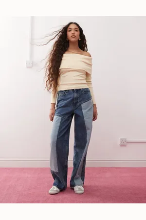 Miss Selfridge Denim patched baggy jean in wash