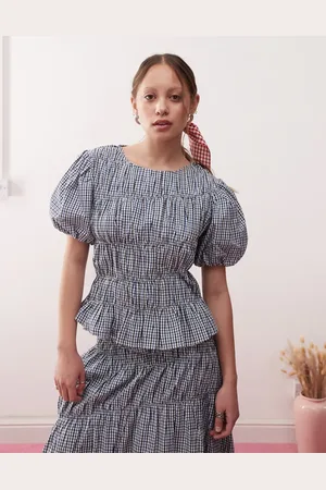Reclaimed Short sleeve western top with puff sleeve and shirred detail in blue plaid