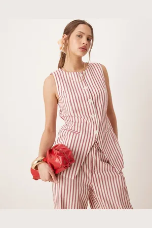 Glamorous Button down vest cotton top with tie in red stripe - part of a set