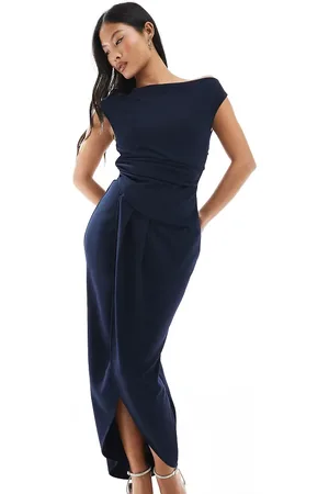 TFNC Bridesmaid slash neck maxi dress with ruching detail in