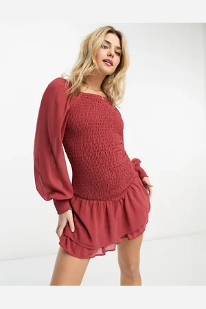 Gilli Ruched puff sleeve mini dress in rust