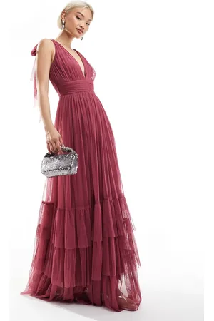 Lace & Beads Bridesmaid Madison bow shoulder tiered maxi dress in orchid