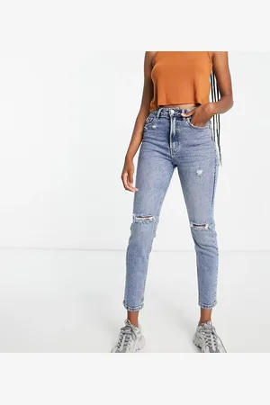 Stradivarius Tall slim mom jeans with stretch and rip in authentic blue