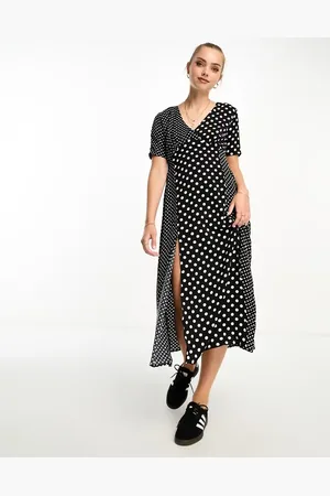French Connection Contrast panel polka dot midi dress in and white