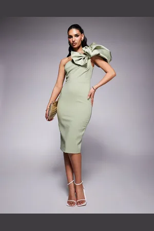 Lavish Alice One shoulder detail midi dress in sage