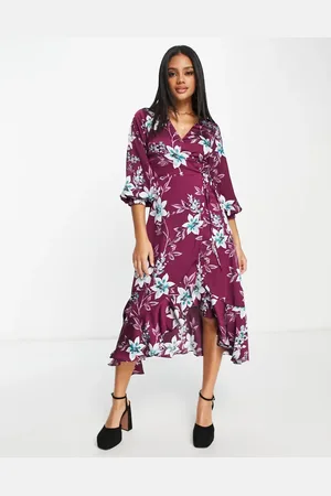 Liquorish Satin wrap midi dress with puff sleeves in wine placement floral