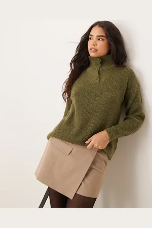 JDY Button detail high neck knit sweater in khaki