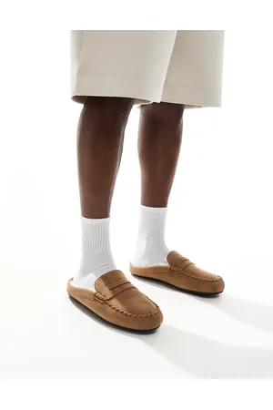 ASOS Moccasin mule slippers in tan with faux fur lining