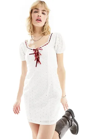 Daisy Street Lace mini milkmaid dress with red ribbon detail
