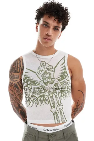 COLLUSION Slash neck muscle tank top with cross graphic in mesh