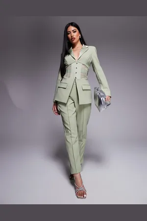 Lavish Alice Mid rise satin mix tailored pants in sage - part of a set