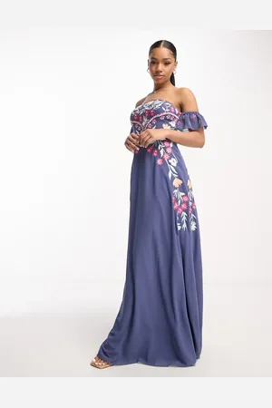 Maya Deluxe Off shoulder maxi dress with embroidery in blue